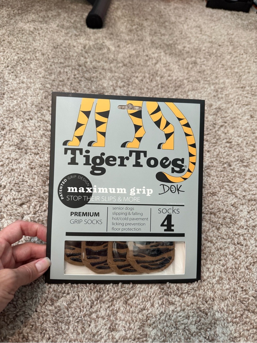 DOK Tiger Toes Premium Grip Dog Socks - Brown Tiger Pattern